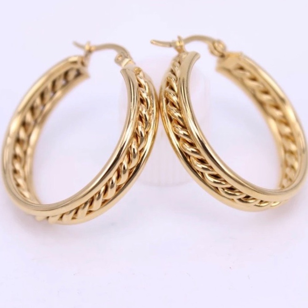 NEW 18K YELLOW GOLD HOOP EARRINGS - Picture 1 of 6